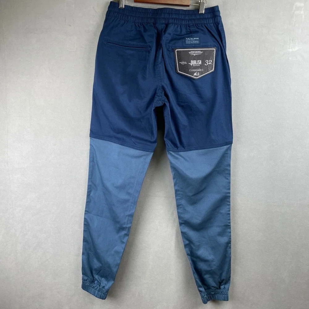 Publish Brand Men Two Tone Jogger Pant 32 Navy Blue Slate Cotton Stretch Elastic
